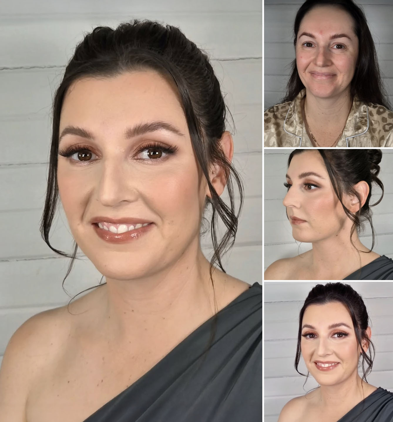 Portrait of a woman with wavy brown hair, bold brown lipstick, and shimmery gold eye makeup wearing an off-shoulder black top.