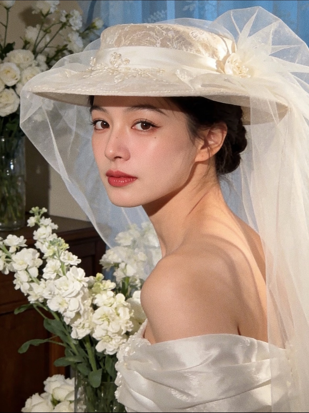 Young woman with light skin, red lipstick, soft brown hair loose with strands framing face, wearing white sheer blouse and gold earrings against plain background.