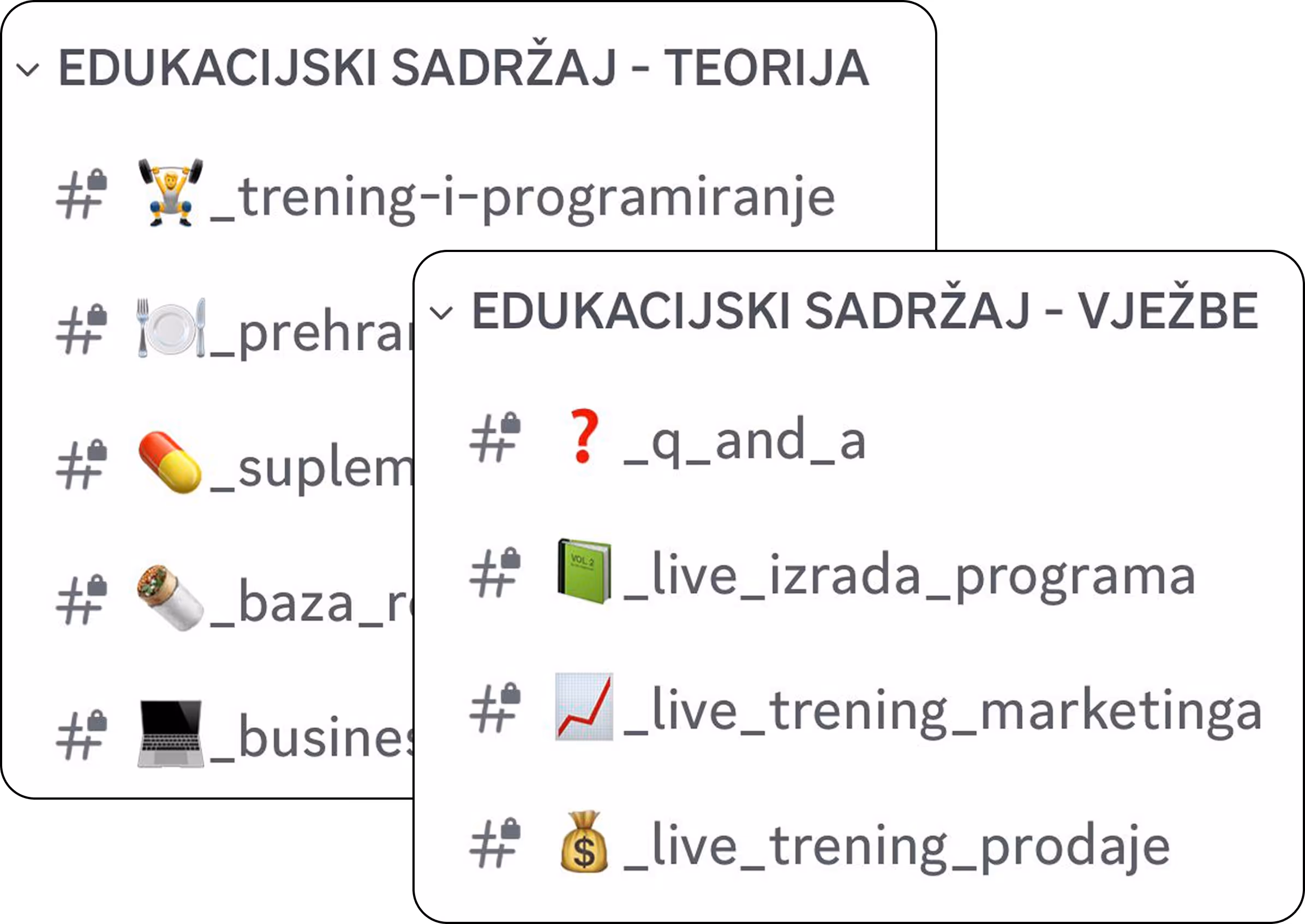 Two overlayed sections of a list titled EDUCATIONAL CONTENT - THEORY and EDUCATIONAL CONTENT - EXERCISES, each showing locked channel names with emojis related to training, nutrition, supplements, business, questions, live program creation, marketing, and sales.
