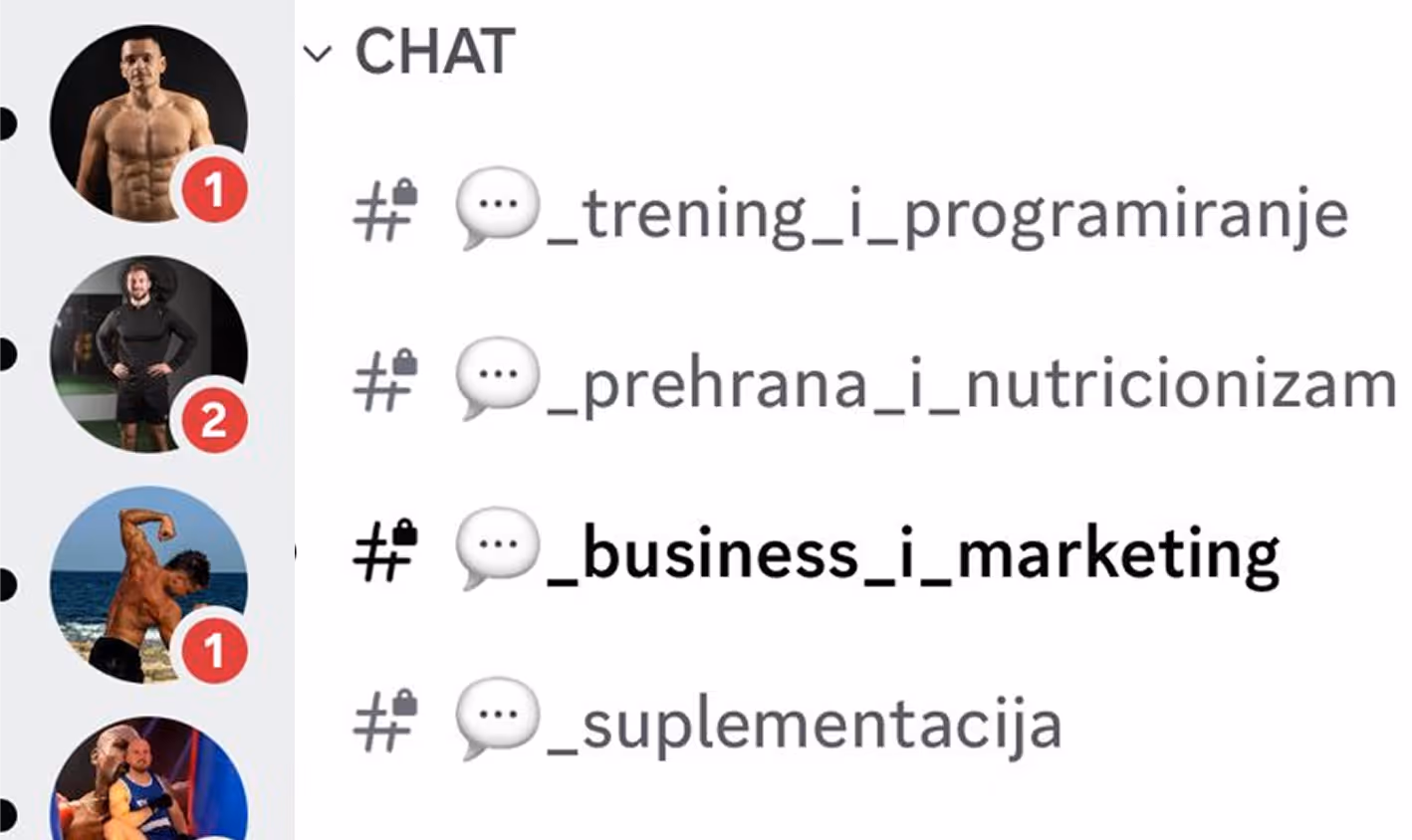 Chat interface showing locked chat groups named trening_i_programiranje, prehrana_i_nutricionizam, business_i_marketing, and suplementacija with unread message notifications on user profile pictures.