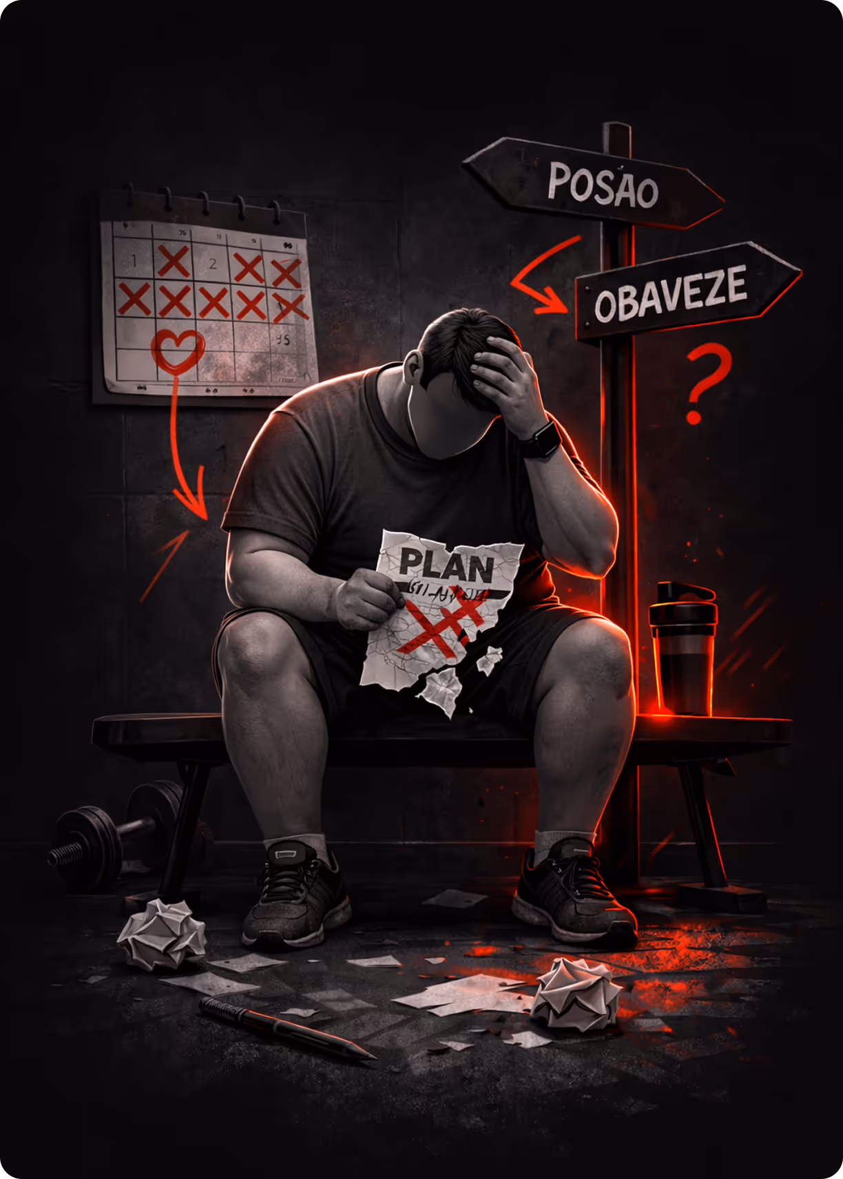 Faceless man sitting on a bench holding a torn paper labeled PLAN with red crosses, looking stressed, with a calendar and directional signs labeled 'POSAO' and 'OBAVEZE' in the background.