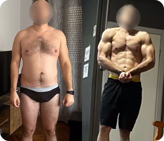 Side-by-side before and after photos of a man showing physical transformation from average body to muscular and defined physique.