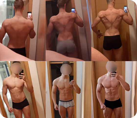Collage of six photos showing a muscular man posing in front of a mirror from back and front angles, highlighting his toned physique and muscle definition.