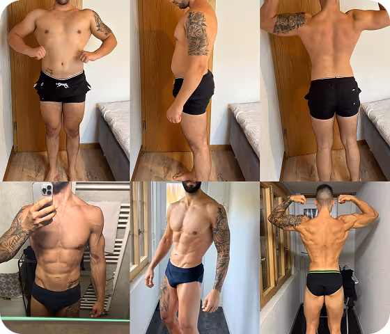 Six-panel before-and-after photos showing a man’s body transformation from a softer physique to a muscular, toned body with visible tattoos on his left arm.