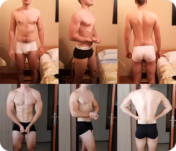 Before and after comparison of a shirtless man wearing underwear, showing front, side, and back views with increased muscle definition in the after photos.