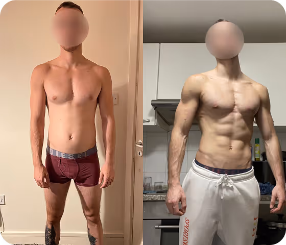 Side-by-side comparison of a man showing a physical transformation with a leaner, more muscular physique on the right.