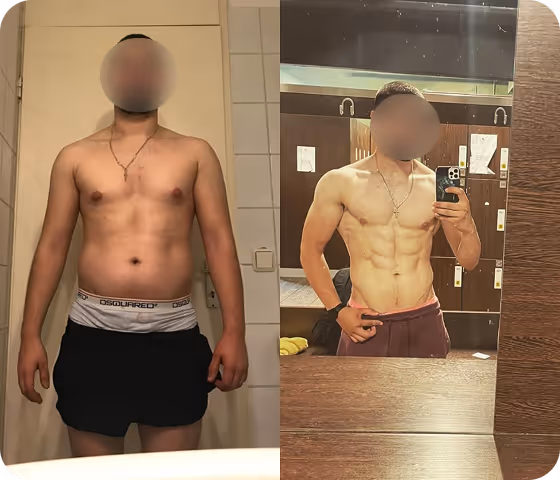 Side-by-side before and after photos of a shirtless man showing weight loss and muscle definition improvement.