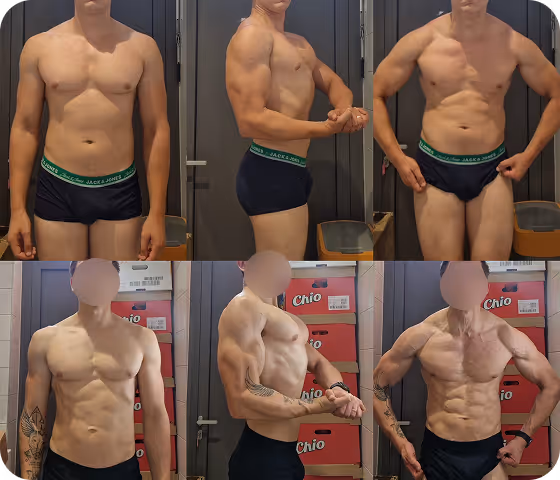 Side-by-side before and after photos showing a man's upper body transformation with increased muscle definition and reduced body fat, wearing black underwear.