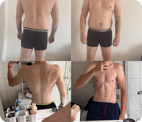 Four-panel collage showing a man's physique progress from back and front views, wearing black shorts in the first row and dark shorts with a red wristband in the second row.