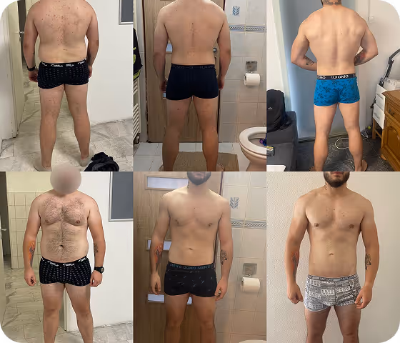 Six photos of a muscular man with a colorful sleeve tattoo flexing back muscles and standing front, wearing different underwear in a home setting.