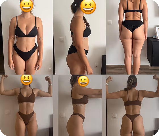 Before and after photos showing a woman in black and brown bikini from front, side, and back views demonstrating body transformation.