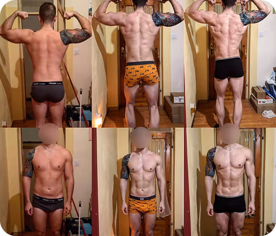 Six photos of a muscular man with a colorful sleeve tattoo flexing back muscles and standing front, wearing different underwear in a home setting.