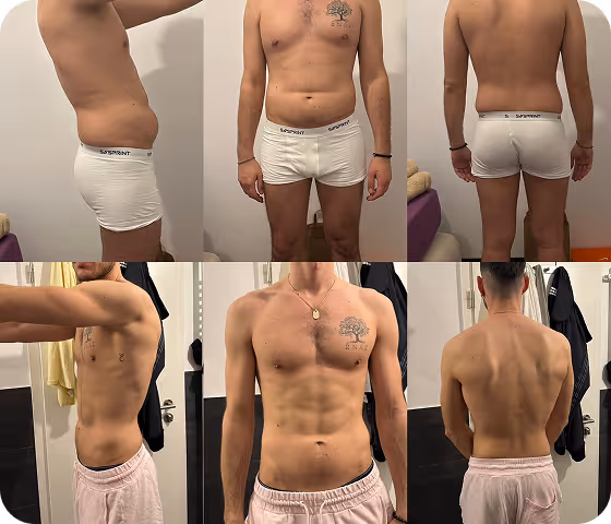 Before and after front, side, and back photos of a man showing weight loss and muscle definition improvement.