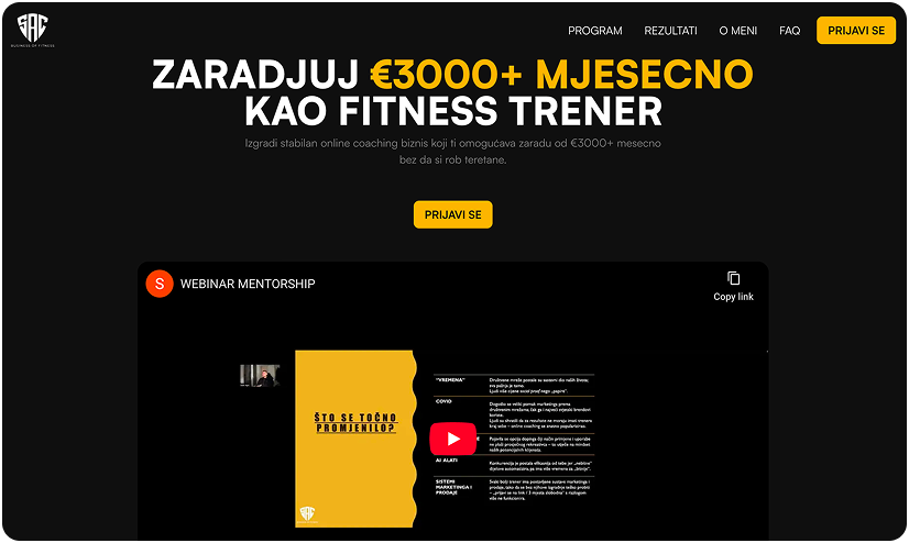 Webpage header with text in Croatian promoting earning over €3000 monthly as a fitness trainer, featuring a call-to-action button and embedded webinar mentorship video.