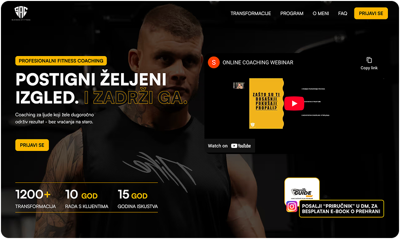 Fitness coaching website homepage with muscular man in black tank top, bold text 'Postigni željeni izgled. I zadrži ga.', and stats showing 1200+ transformations, 10 years working with clients, and 15 years experience.