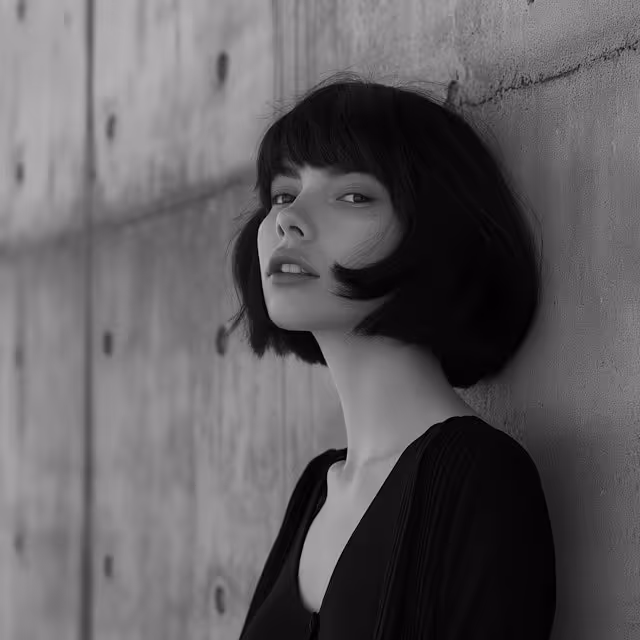 Black and white portrait of a woman with short bob haircut leaning against a textured wall, looking slightly upward.