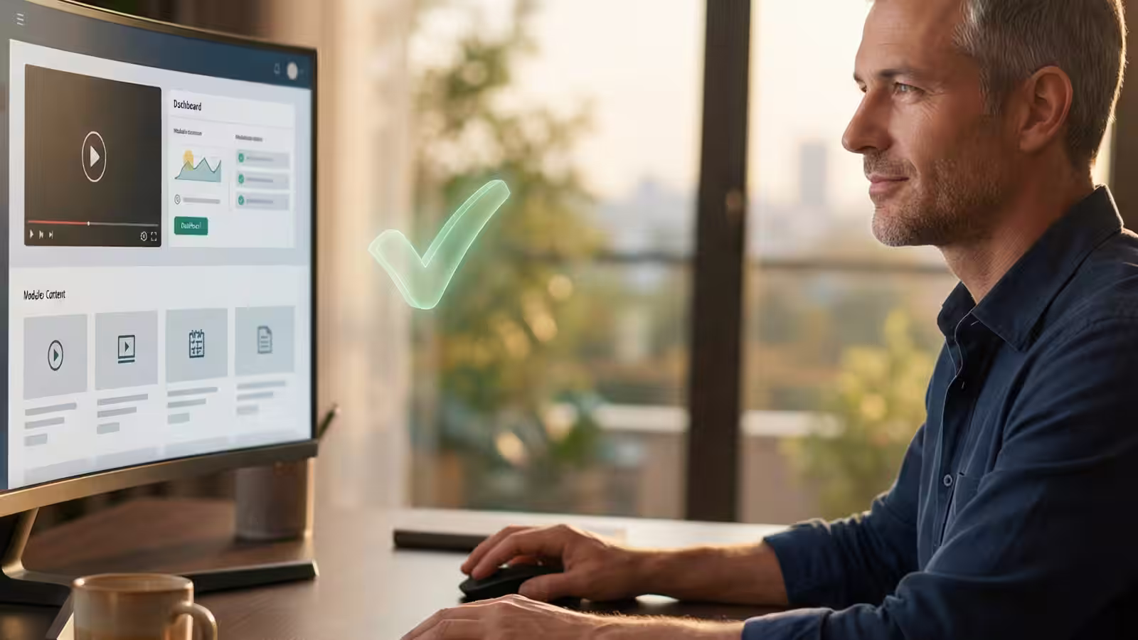 Man using a computer with a video course dashboard interface on the screen and a glowing green checkmark floating nearby.