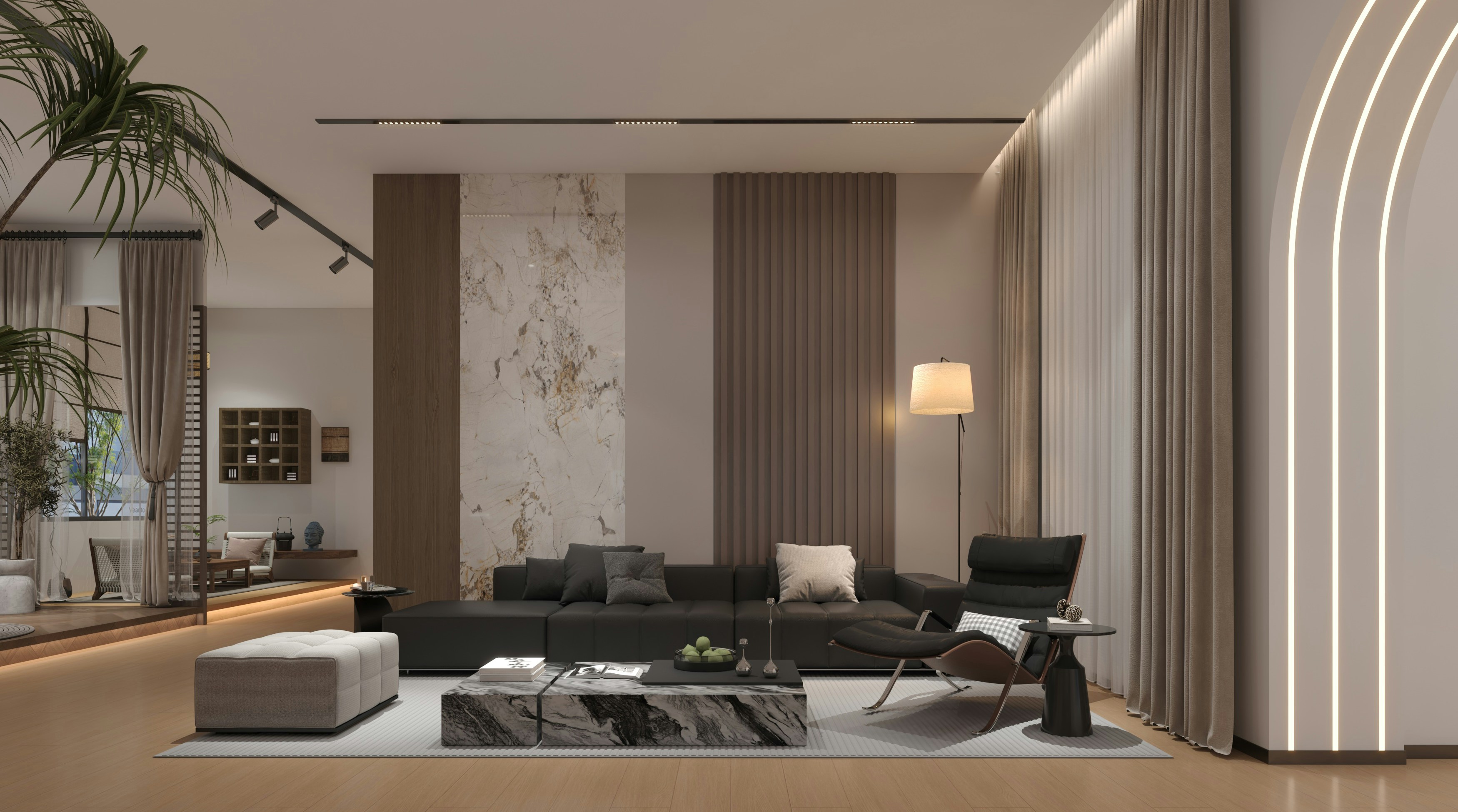Séjour contemporain chaleureux — mur de marbre, arche lumineuse et canapé — architecture et design d'intérieur Artenzia Design