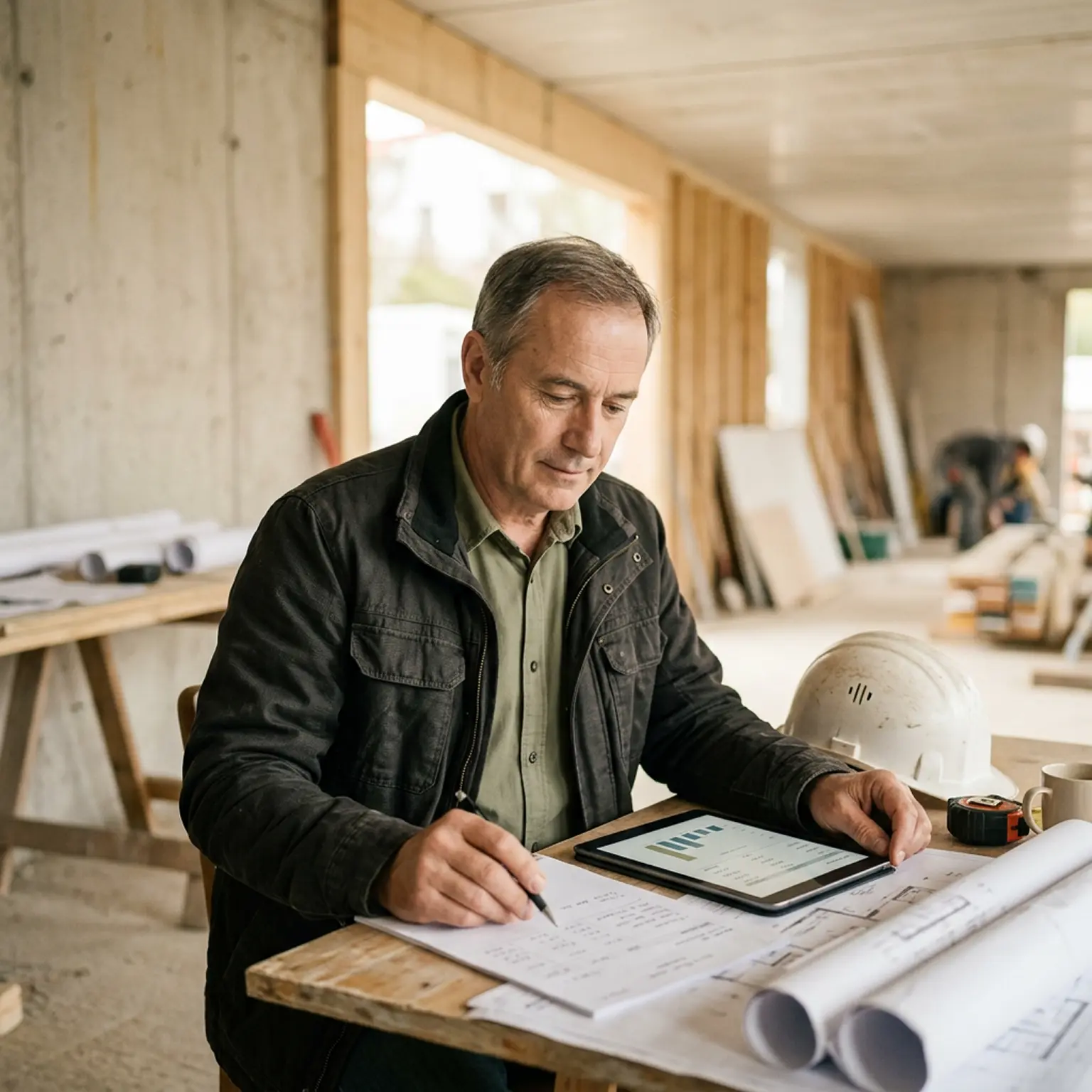 Dirigeant d'une PME du BTP analysant la rentabilité de ses chantiers