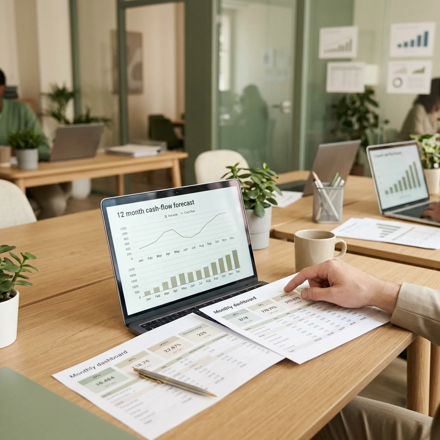 Prévisionnel de trésorerie sur 12 mois et tableaux de bord financiers d'une PME