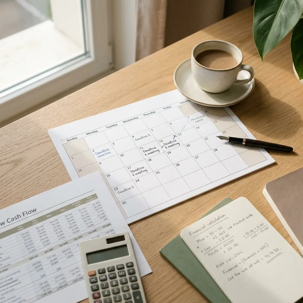 Vue de dessus d'un bureau avec calendrier annoté, prévisionnel de trésorerie et calculatrice, illustrant le pilotage mensuel des charges à provisionner