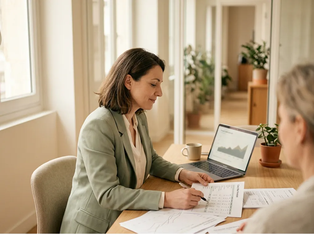 Une DAF à temps partagé accompagne un dirigeant de PME sur son prévisionnel de trésorerie dans un bureau lumineux