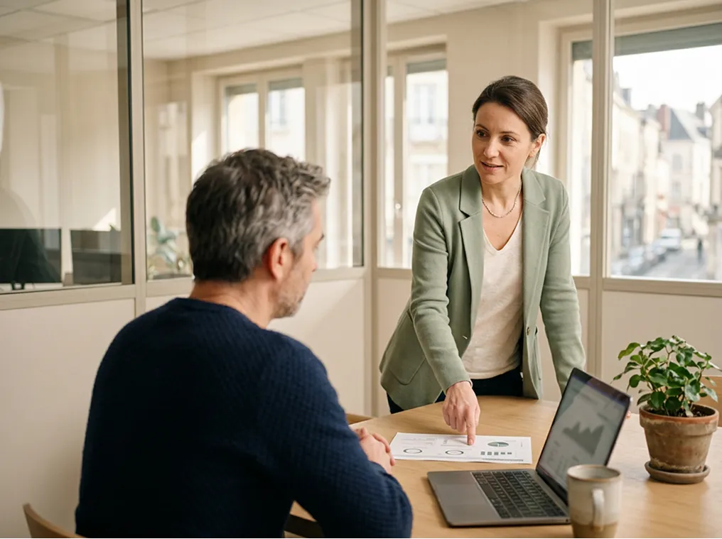 Une DAF à temps partagé présente un tableau de bord d'indicateurs financiers à un dirigeant de PME dans un bureau lumineux
