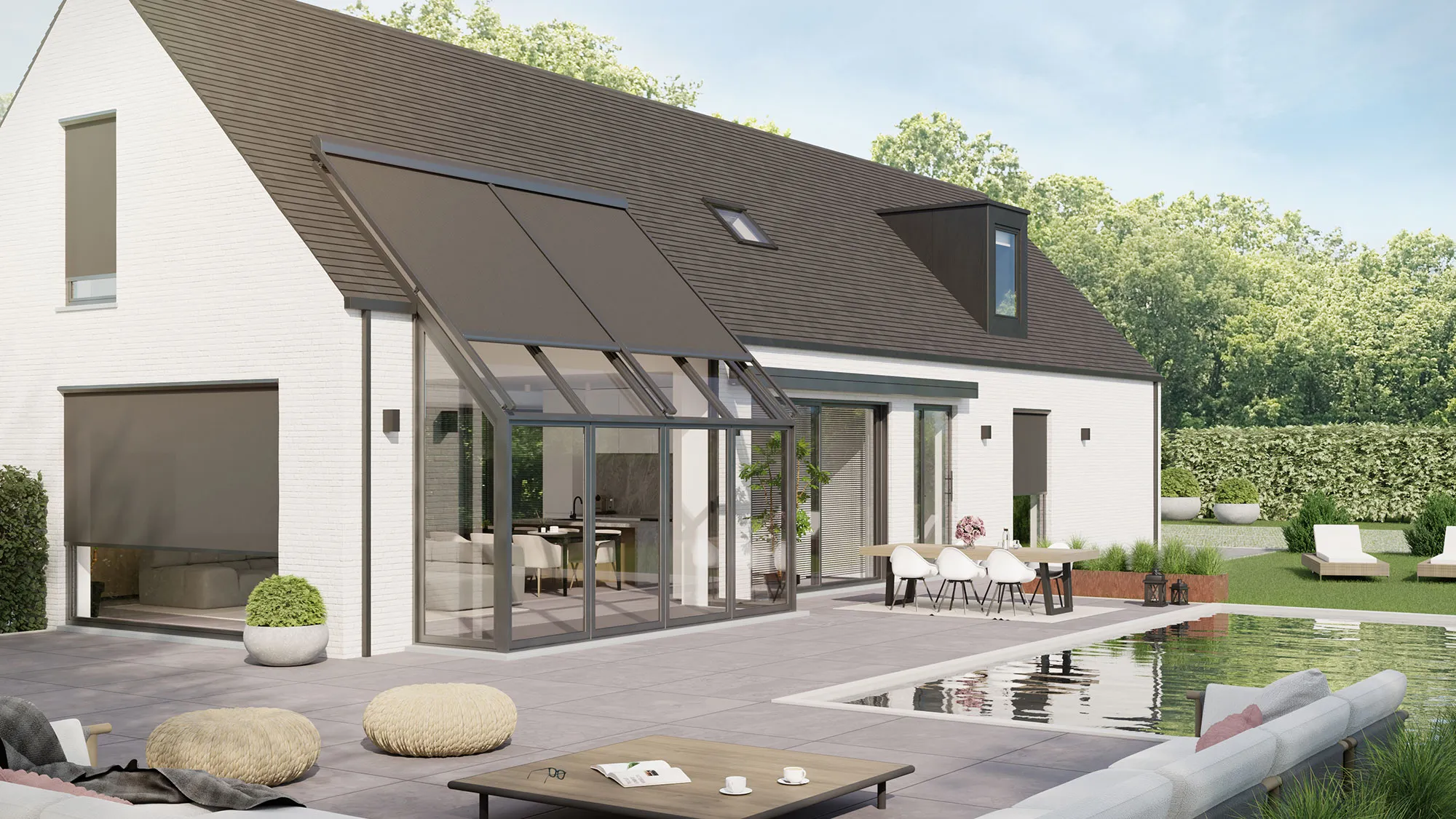 Fassadenmarkise an Glasfront eines Einfamilienhauses, Sonnenschutz mit UV-Schutzstoff, Eifel Region