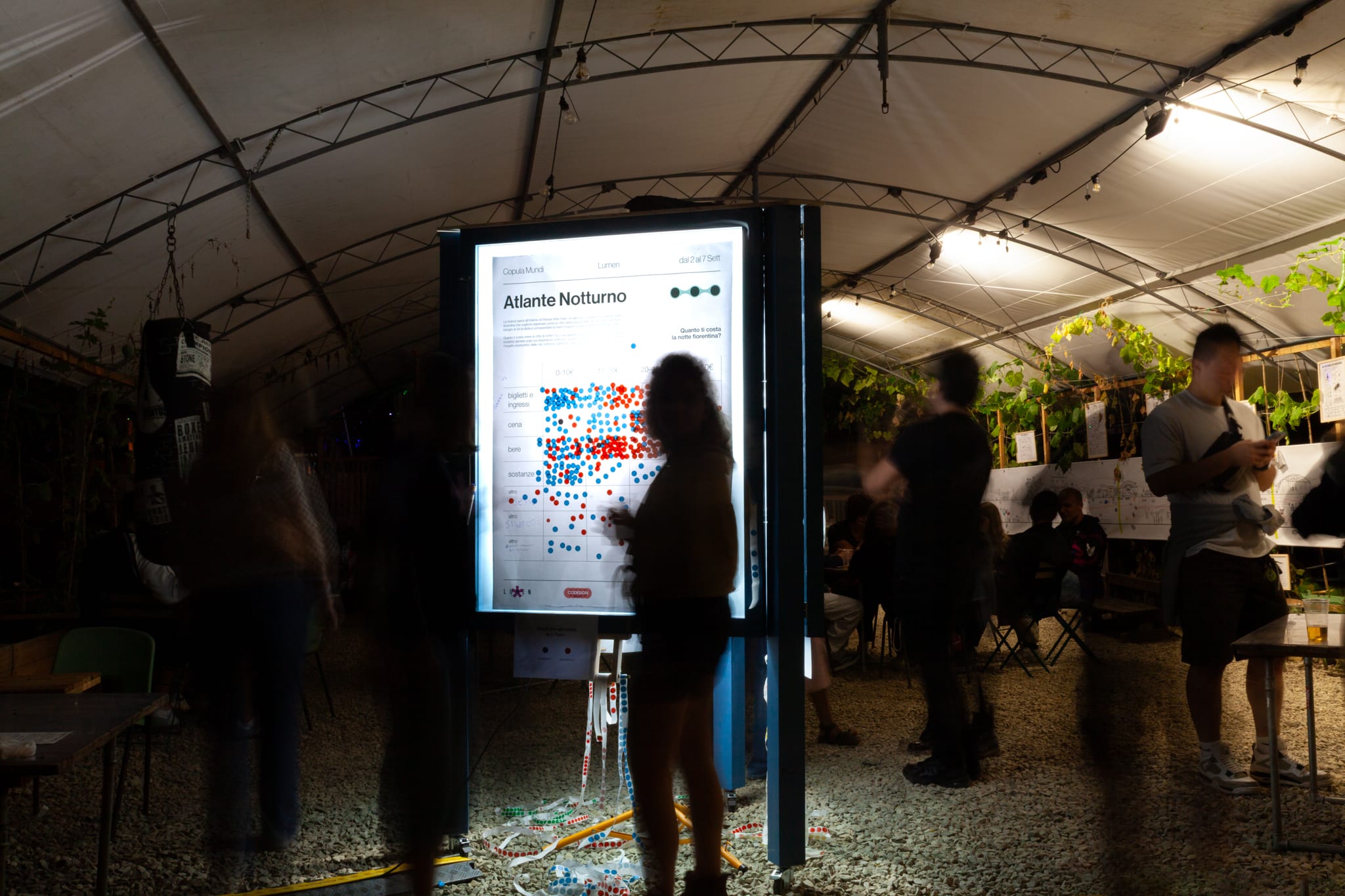 Persone di sera sotto una tensostruttura, davanti a un pannello luminoso con grafici