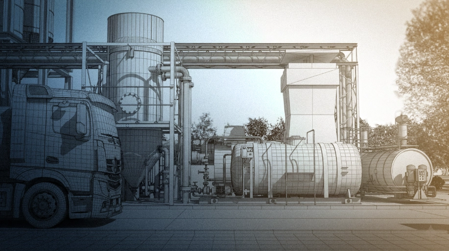 Industrielle Anlage mit großen Lagertanks, Rohrleitungen und einem abgestellten LKW, dargestellt in einem technischen Drahtgittermodell.