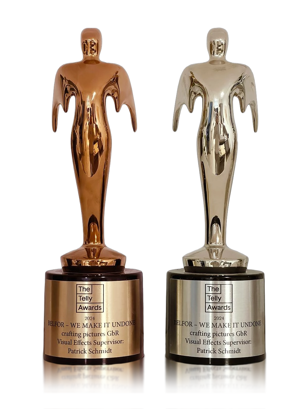 Zwei Trophäen der Telly Awards 2024, eine in Bronze und eine in Silber, für BELFOR - WE MAKE IT UNDONE, Visual Effects Supervisor Patrick Schmidt.