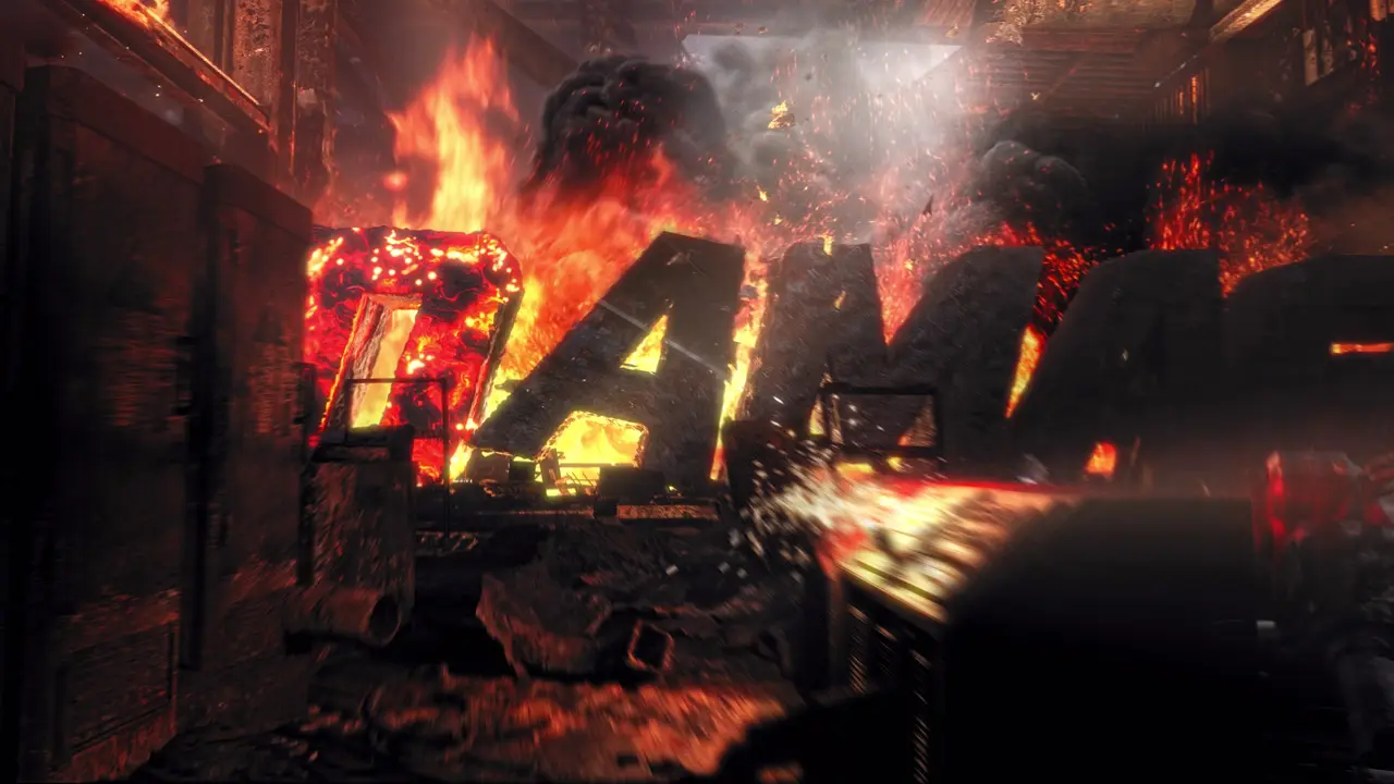 Große brennende Buchstaben in einem zerstörten Raum mit Flammen und Rauch.