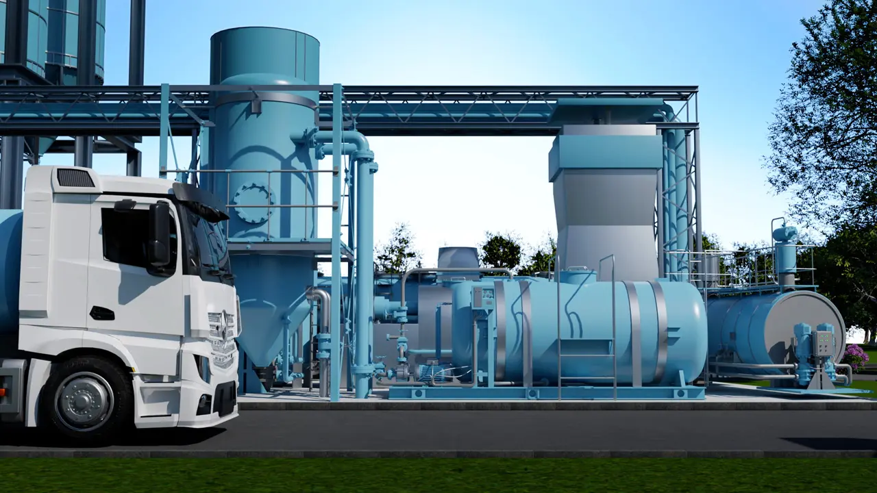 Weißer Lastwagen neben einer großen blauen industriellen Anlage mit Rohren und Tanks unter klarem Himmel.