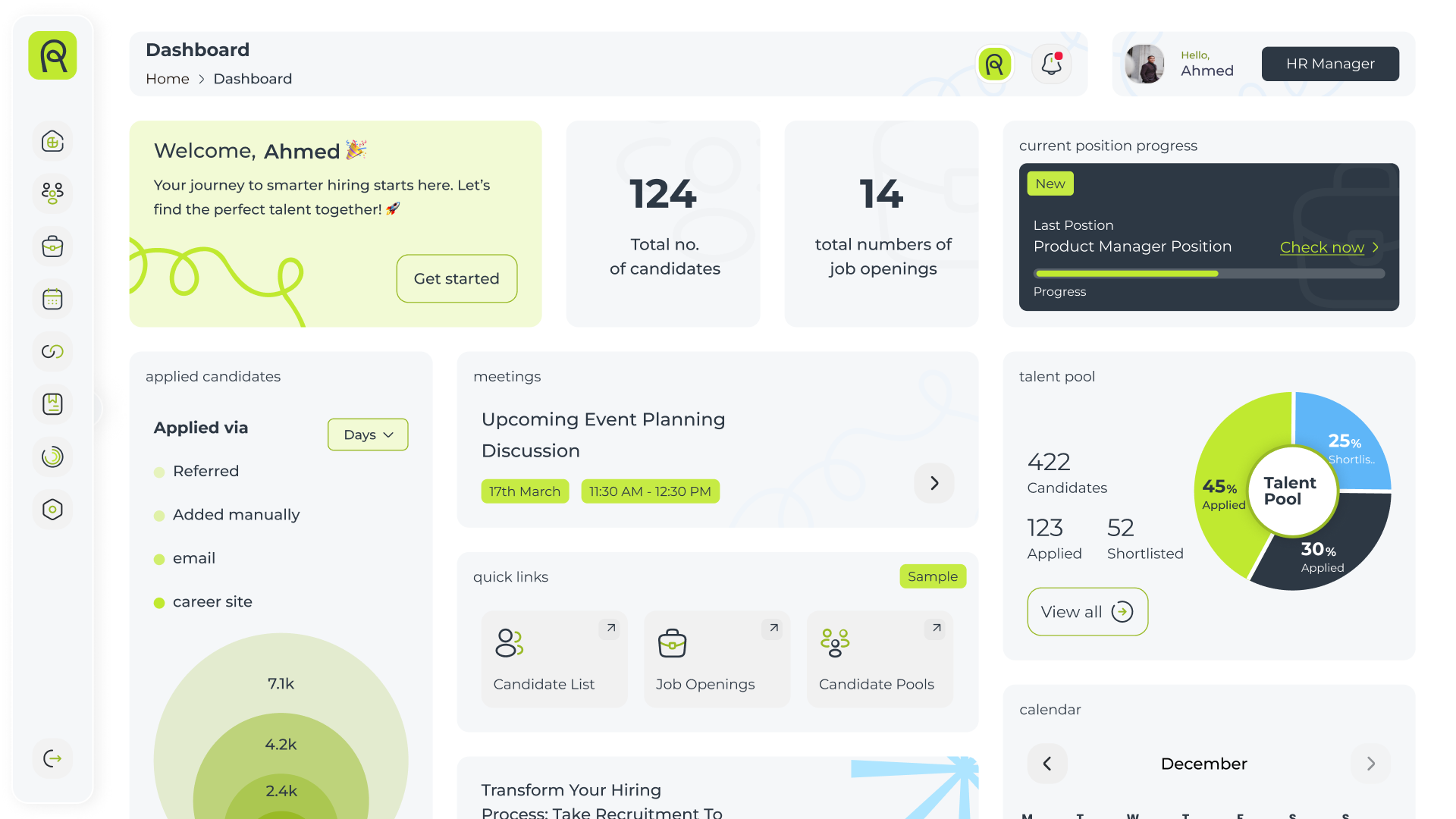 Dashboard interface showing hiring metrics, including total candidates (124), job openings (14), candidate application sources, upcoming event planning details, talent pool statistics with a pie chart, and user greeting for Ahmed as HR Manager.