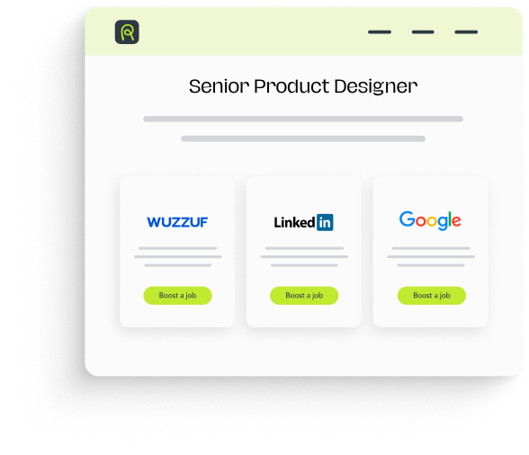 Web interface showing job listing for Senior Product Designer with options to boost job postings on Wuzzuf, LinkedIn, and Google.