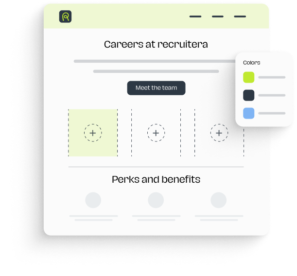 Website interface mockup for Recruitera showing Careers section with a 'Meet the team' button, three placeholders with plus icons, and a Perks and Benefits section below.