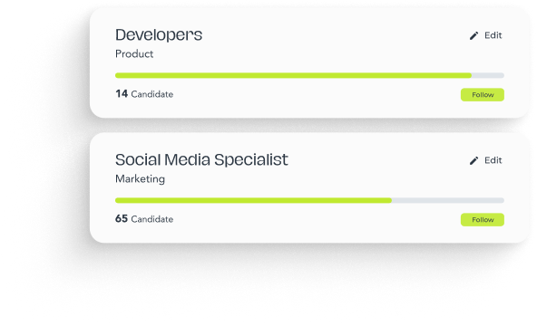 Two progress bars showing candidates count: Developers in Product with 14 candidates and Social Media Specialist in Marketing with 65 candidates, each with an Edit option and a Follow button.