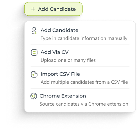 Dropdown menu under Add Candidate button showing options to add candidate manually, via CV upload, import CSV file, or use Chrome extension.
