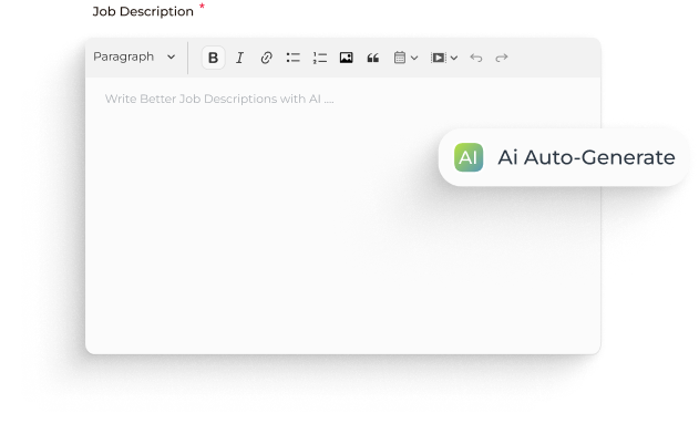 Text editor interface with a blurred job description input and a visible AI auto-generate button.