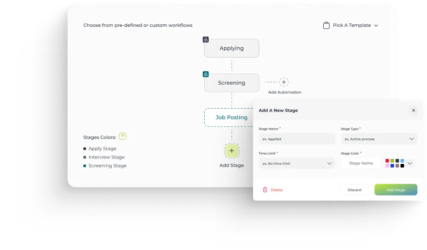 User interface for customizing a workflow with stages including Applying, Screening, and Job Posting, alongside a form to add a new stage with name, type, time limit, and color options.