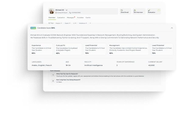 Candidate profile summary for Ahmed Ali showing a 90% score and details about experience, cultural fit, lead potential, languages, and salary.