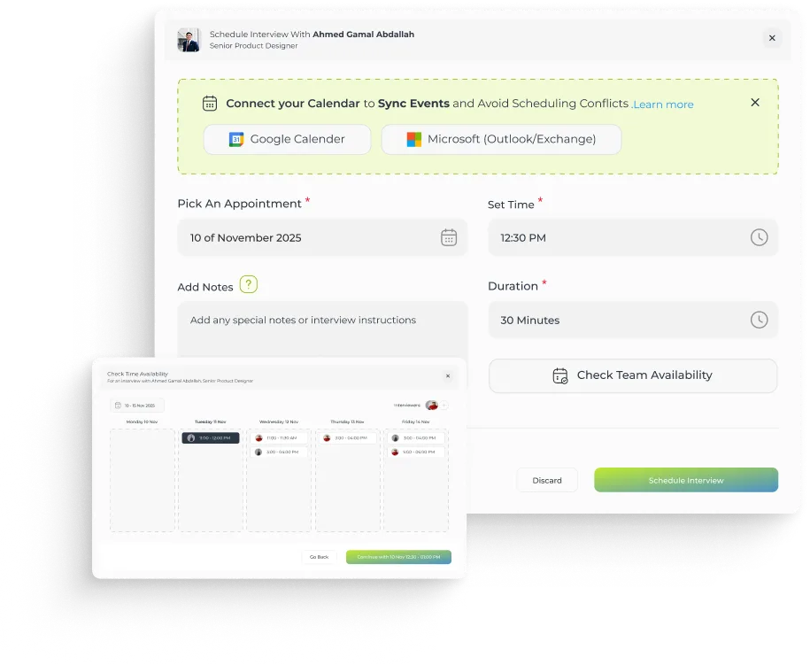 Interface for scheduling an interview with Ahmed Gamal Abdallah showing options to connect Google or Microsoft calendars, pick appointment date and time, add notes, set duration, check team availability, and confirm or discard the interview.
