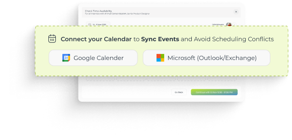 Interface showing options to connect Google Calendar or Microsoft Outlook/Exchange to sync events and avoid scheduling conflicts.