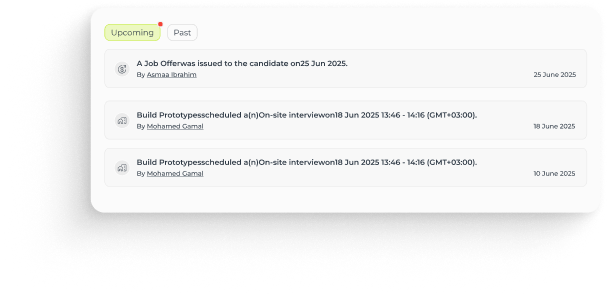 Job application tracker interface showing candidate stages and profiles with AI match percentages, days in process, and communication counts.