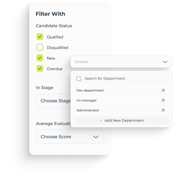 Filter panel for candidate status with checkboxes for Qualified, Disqualified, New, and Overdue; drop-down menus for choosing stage and average evaluation score; and a searchable dropdown to select or add departments including Dev department, UX manager, and Administrator.