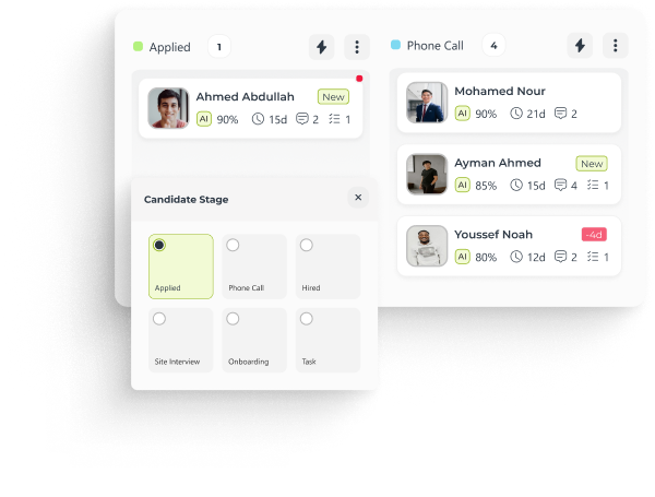 Hiring pipeline interface showing candidate stages with profile photos, names, AI scores, days in stage, and comments, categorized in Applied and Phone Call columns.