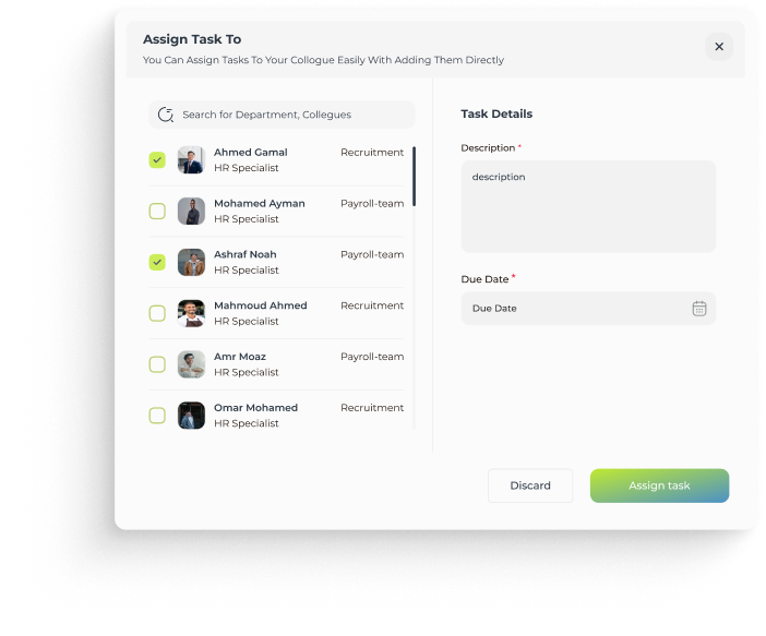 Task assignment interface listing HR specialists with checkboxes, fields for task description and due date, and buttons to discard or assign the task.