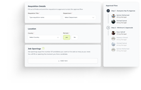 User interface showing requisition details form with fields for requisition title, department, country, remote option, job openings, and an approval flow with two approval steps by hiring managers.