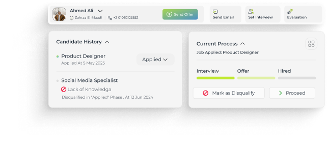 User interface showing candidate Ahmed Ali's profile with options to send offer, email, set interview, and evaluate; candidate history lists Product Designer applied on May 5, 2025, and Social Media Specialist disqualified for lack of knowledge on June 12, 2024; current process for Product Designer job highlights interview, offer, and hired stages with options to mark as disqualify or proceed.