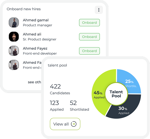 Dashboard showing onboarding new hires with names and roles, and a talent pool chart with candidate statistics and application status percentages.